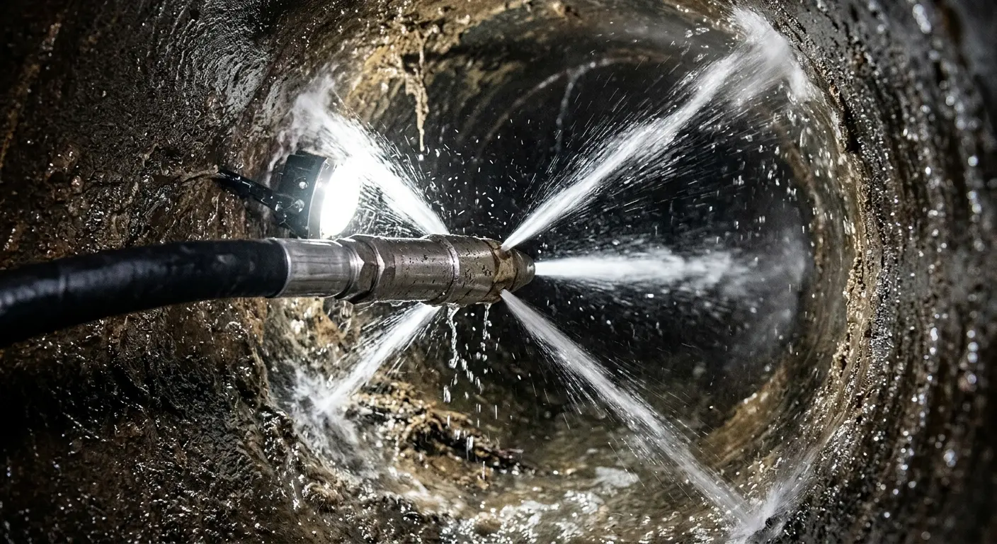 High-pressure hydro jetting nozzle cleaning sewer pipe for Sewer Cleanout in Lisle