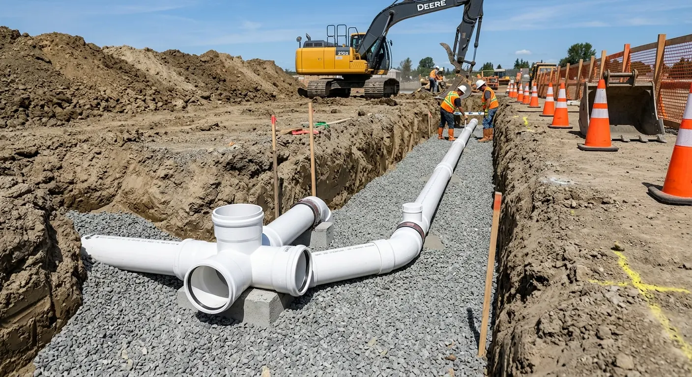 New PVC sewer pipe installation in open trench for Sewer Backup in Lisle