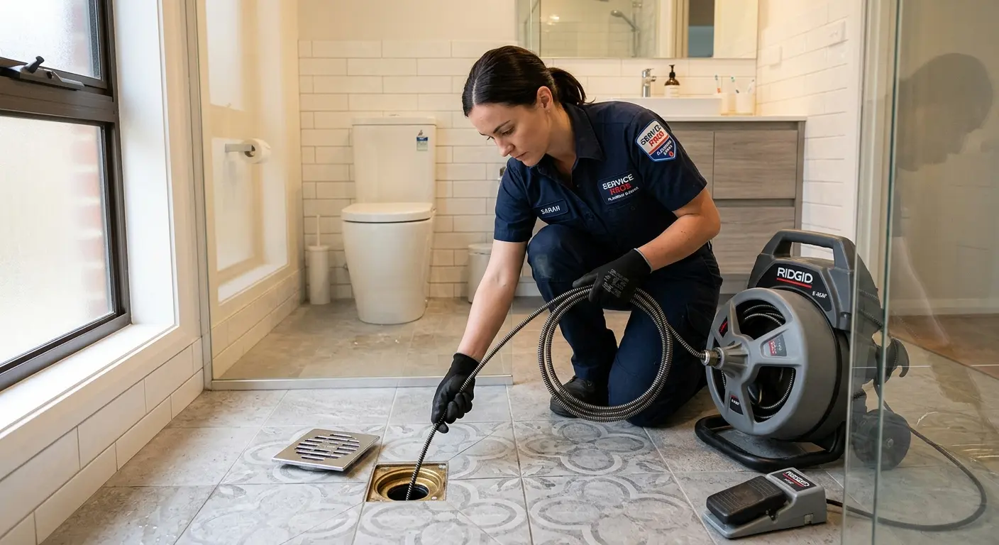 Technician clearing a bathroom floor drain for Hydro Jetting in Lisle